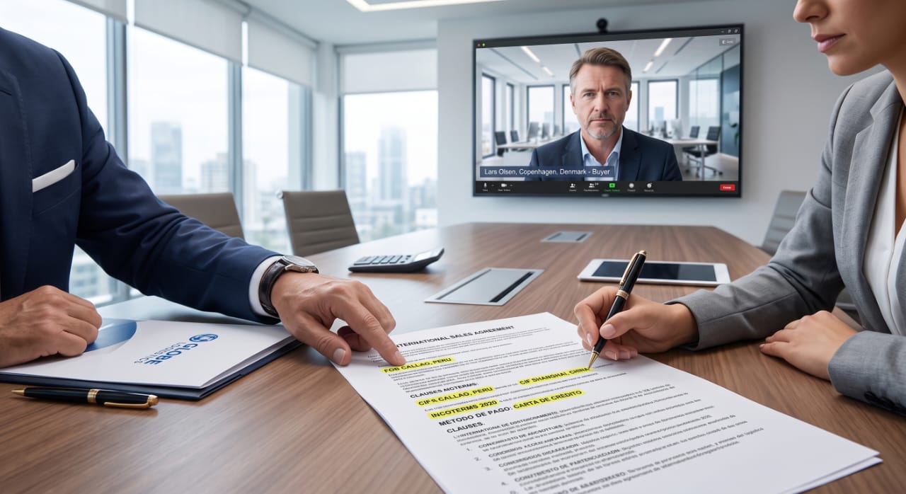 Contrato de exportación con cláusulas Incoterm resaltadas, videollamada con comprador internacional