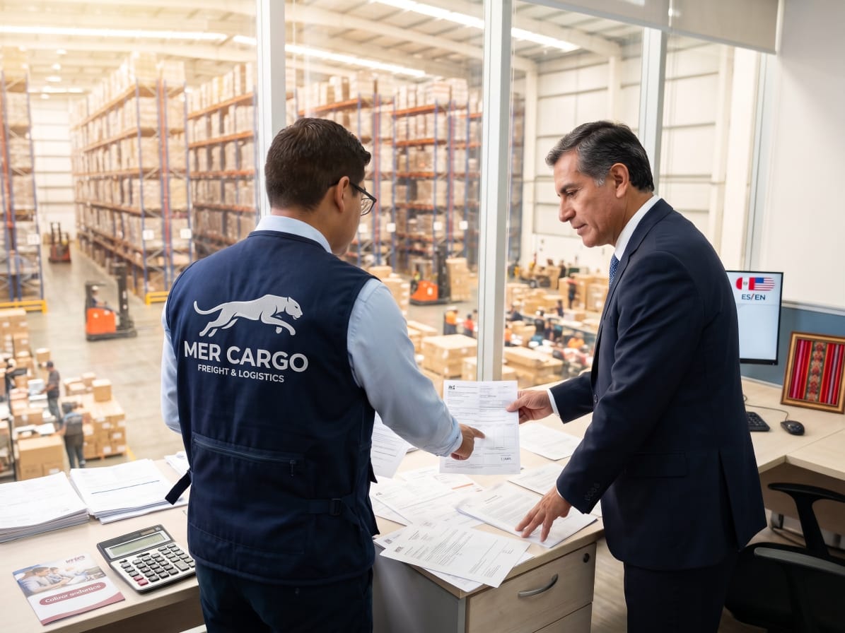 Empresario revisando documentación de exportación con asesor de MER CARGO