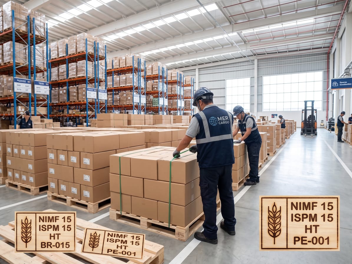 Almacén de exportación con pallets sellados NIMF-15 y operarios de MER CARGO