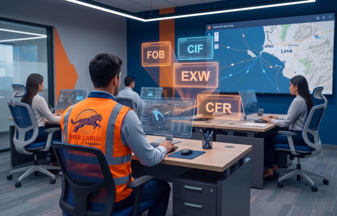 Equipo de MER CARGO Logistics visualizando Incoterms FOB, CIF, EXW y CFR sobre un mapa de rutas de exportación desde Lima y Callao