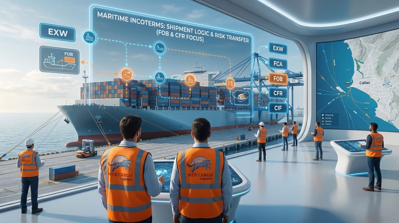 Diagrama de transferencia de riesgo en Incoterms marítimos: EXW, FCA, FOB, CFR y CIF sobre un buque portacontenedores en el Callao